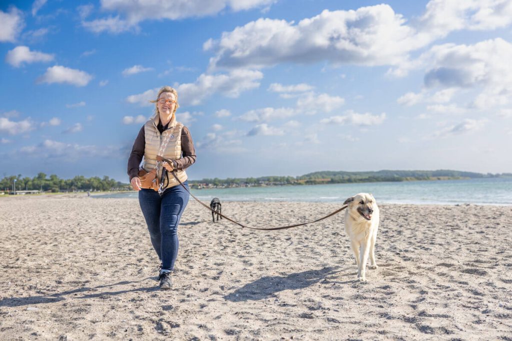 Frau mit Hund am Strand in Dänemark. Sie genießen die Tour mit Wohnmobil und Hund